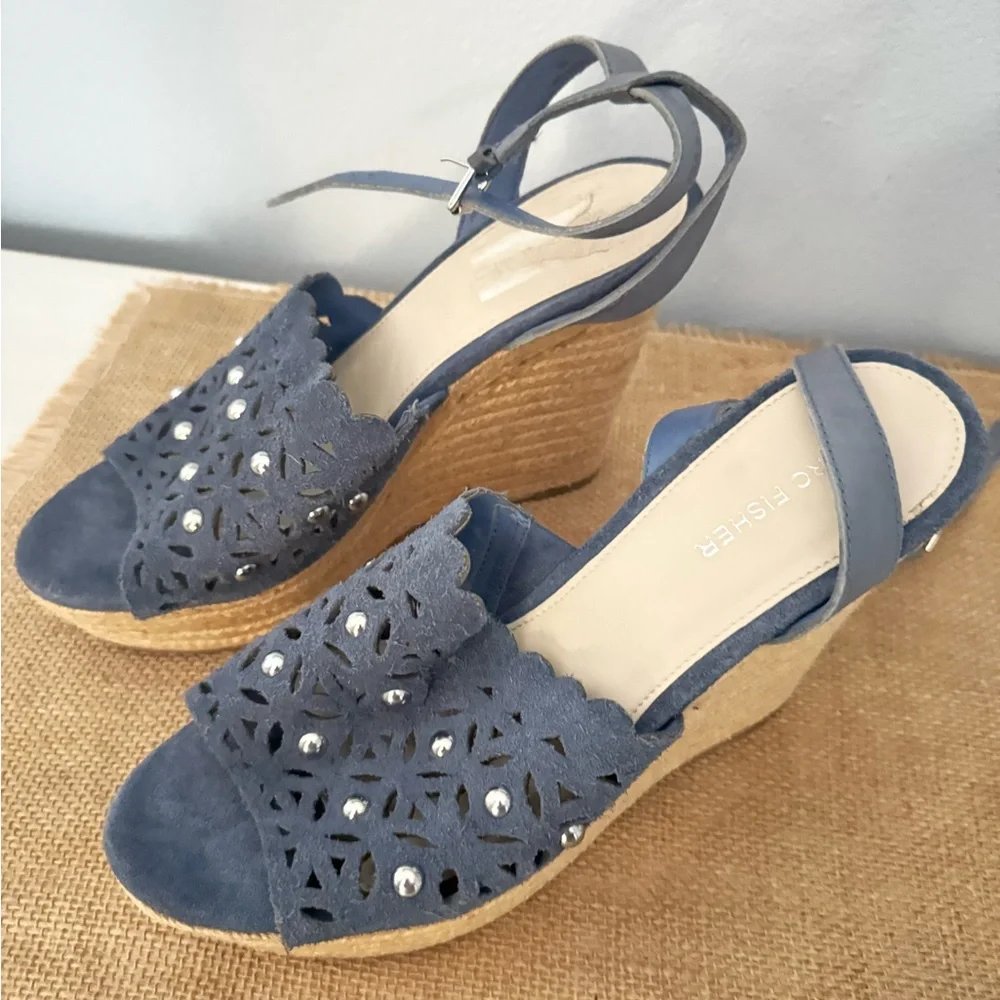 Marc Fisher Navy Laser-Cut Espadrille Wedge Sandals